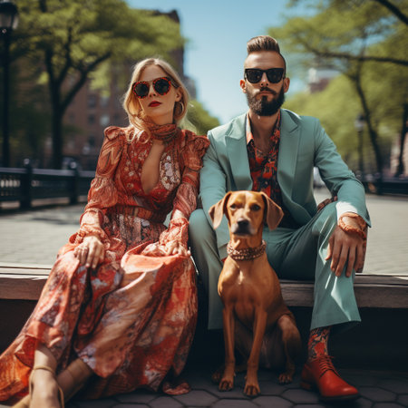 Stylish couple sitting on a bench in the city with their dogの素材
