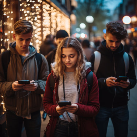 Group of young people using mobile phones in the city at night.の素材
