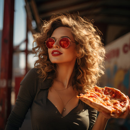 Beautiful young woman with curly hair and sunglasses holding a slice of pizza.の素材