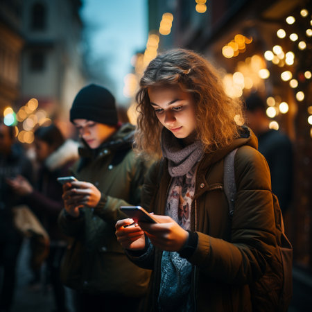 Young beautiful woman using smart phone on the street of the city.の素材