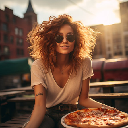 Beautiful young woman with long curly hair in sunglasses and a T-shirt sits in a cafe and eats pizza.の素材