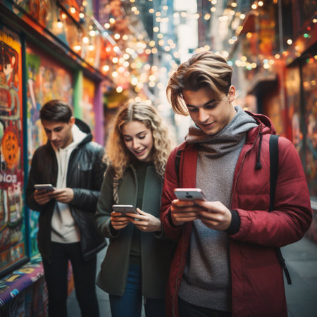 Young couple using smartphones in New York City, United States of Americaの素材