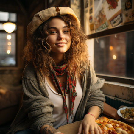 Beautiful young woman eating pizza in a cafe. Girl in a hat and scarfの素材