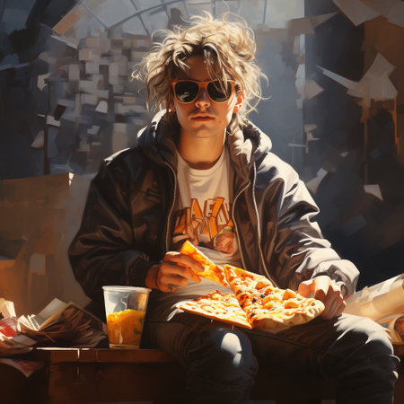 Young man in sunglasses eating pizza in cafe. Fast food concept.の素材