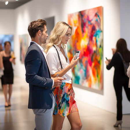 Portrait of a young couple looking at pictures in an art galleryの素材