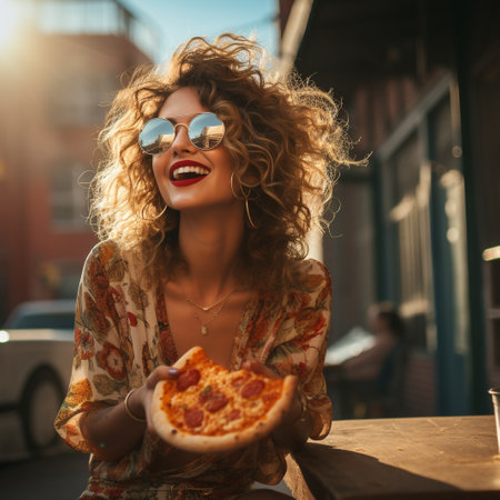 Happy young woman with curly hair and sunglasses eating pizza in the city.の素材