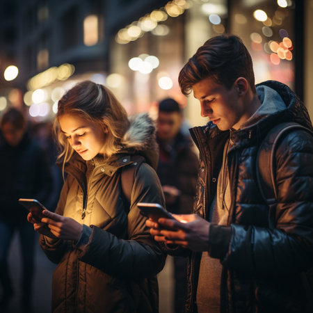 Young couple using mobile phones in the city street at night time.の素材