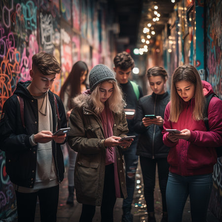 Group of young people using mobile phones in a city street with graffiti on the walls.の素材