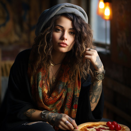 Portrait of a beautiful young woman with long curly hair and tattoos eating pizza in a cafe.の素材