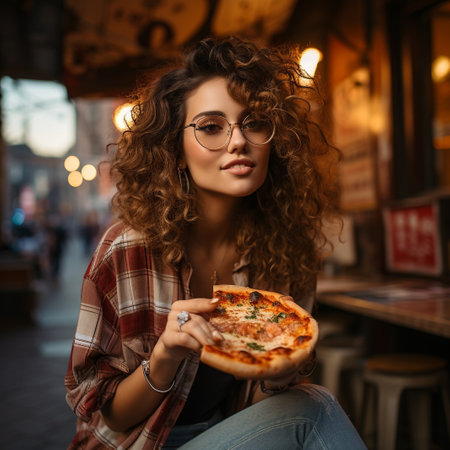 Beautiful young woman with curly hair eating pizza in the city.の素材