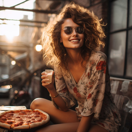 fashion outdoor photo of beautiful sensual woman with blond hair in elegant clothes and accessories posing with pizza in cafeの素材