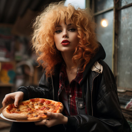 Fashionable young woman with red curly hair eating pizza in cafe.の素材