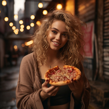 Attractive young woman with curly hair is holding a slice of pizza.の素材