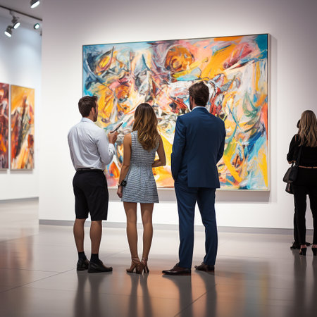 People looking at painting in art gallery. Rear view. 3D Renderingの素材