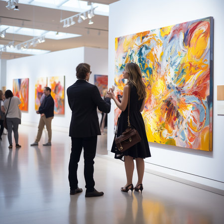 People visiting art exhibition in Milan.の素材