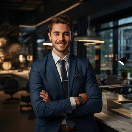 Portrait of a handsome young businessman standing with crossed arms in officeの素材