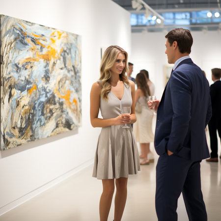 people, leisure, art and lifestyle concept - happy young woman with glass of champagne at art exhibitionの素材
