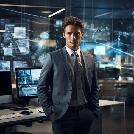 Portrait of a handsome young businessman standing in an office with a computer.の素材
