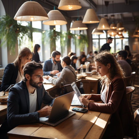 Group of business people working in a cafe. Businessman and businesswoman using laptop.の素材