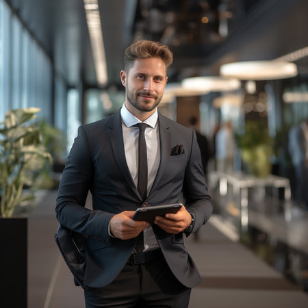 Handsome young businessman using a digital tablet in a modern officeの素材