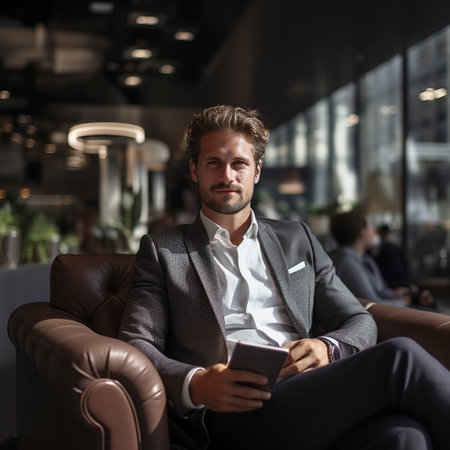 Handsome businessman using mobile phone while sitting in armchair in cafeの素材