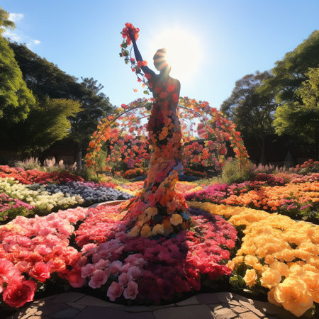 Beautiful woman dancing in the garden with colorful flowers on a sunny dayの素材