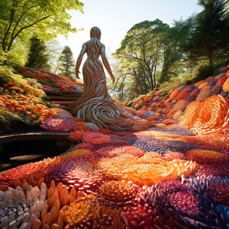 3D rendering of a woman walking in the park with colorful flowersの素材