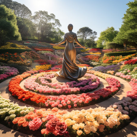 Statue of a woman surrounded by colorful flowers in the garden.の素材