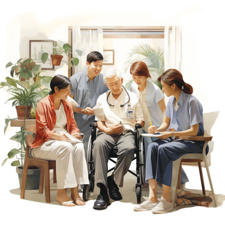 An elderly man sitting in a wheelchair with his family in the backgroundの素材