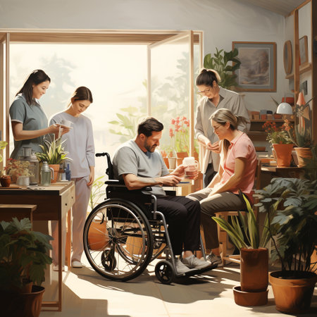 Disabled senior man in wheelchair talking with his family at home.の素材