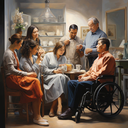 Group of senior people drinking coffee in a cafe. Old man in a wheelchair.の素材
