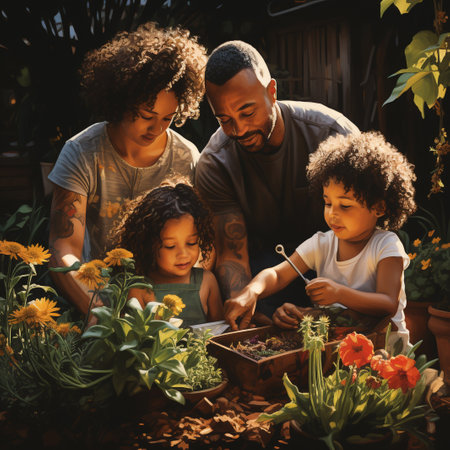 African American family gardening together in garden. Father, mother and children planting flowers.の素材