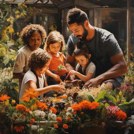 Happy family planting flowers in a greenhouse. Father, mother and children gardening.の素材