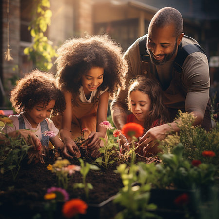 Happy family planting flowers at home. Mother, father and children gardening together.の素材