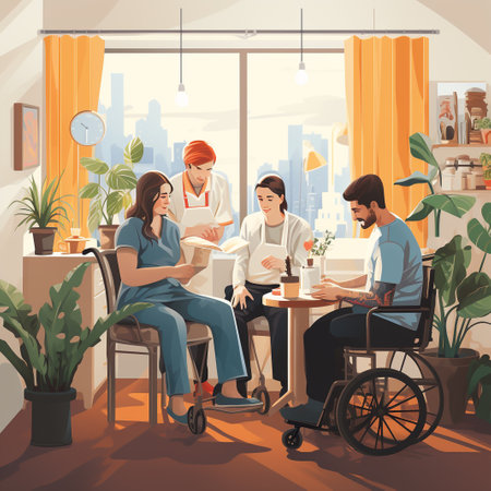 Disabled man in wheelchair reading book in cafe. Woman in wheelchair sitting at table with cup of coffee and talking with friends. Vector illustrationの素材