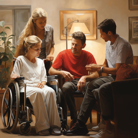 Disabled man in wheelchair talking to family in nursing home. Disabled woman sitting in wheelchair and talking with husband.の素材