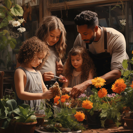 Cute little girl and her parents working in a flower shop.の素材