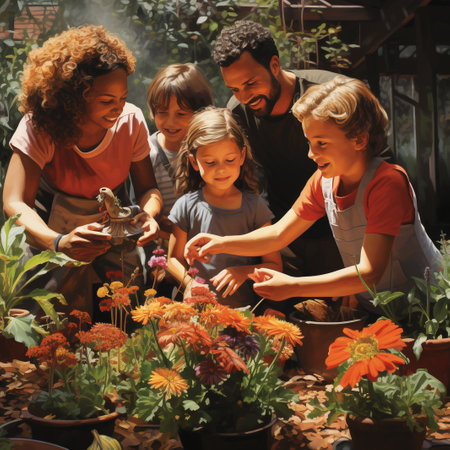 Happy family planting flowers in the garden. Mother, father and children gardening together.の素材