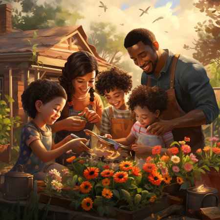 Happy family planting flowers in the garden. Concept of happy family.の素材