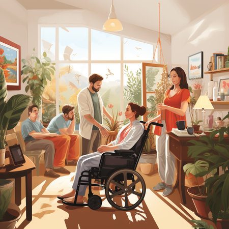 Illustration of people at home in the living room. Man in a wheelchair.の素材