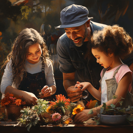 Happy family having fun in the garden. Father, mother and daughter planting flowers.の素材