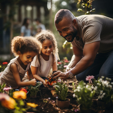 Cute little girl and her father planting flowers in the garden.の素材