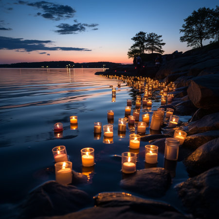 Candles on the lake at sunset. Beautiful natural background. Long exposure.の素材