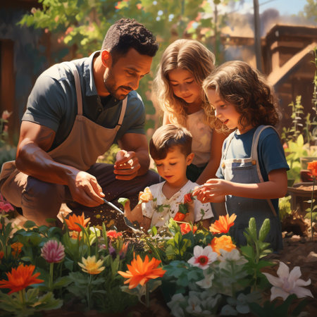 Happy family planting flowers in the garden. Mother, father and children gardening togetherの素材