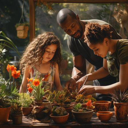 Cute little girl and her parents are planting flowers in pots and smiling.の素材