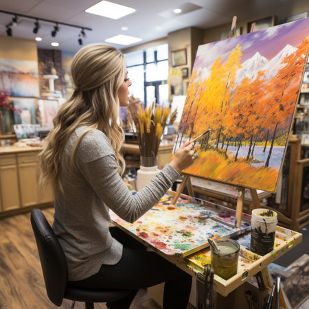 Woman artist working on a painting in her studio at the easelの素材