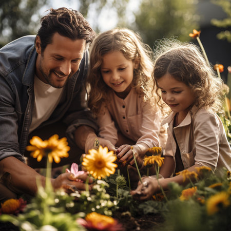 Happy family is planting flowers in the garden. Mother, father and their daughter are smiling.の素材