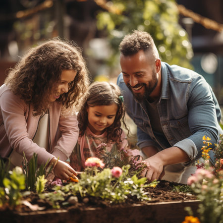 Happy family is planting flowers in the garden. Mother, father and daughter are gardening together.の素材