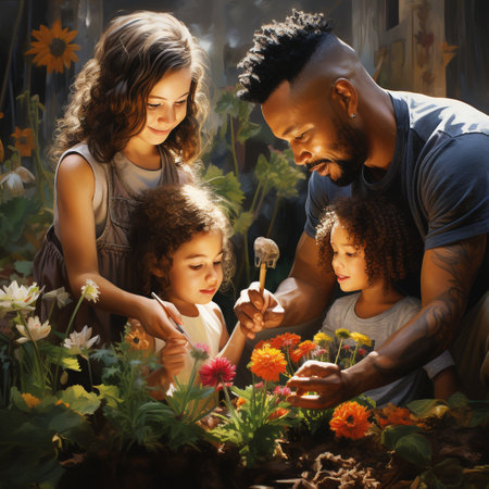 Happy family planting flowers together in the garden. Mother, father and children gardening.の素材