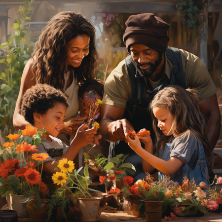 Portrait of a happy family planting flowers in a flower shop.の素材